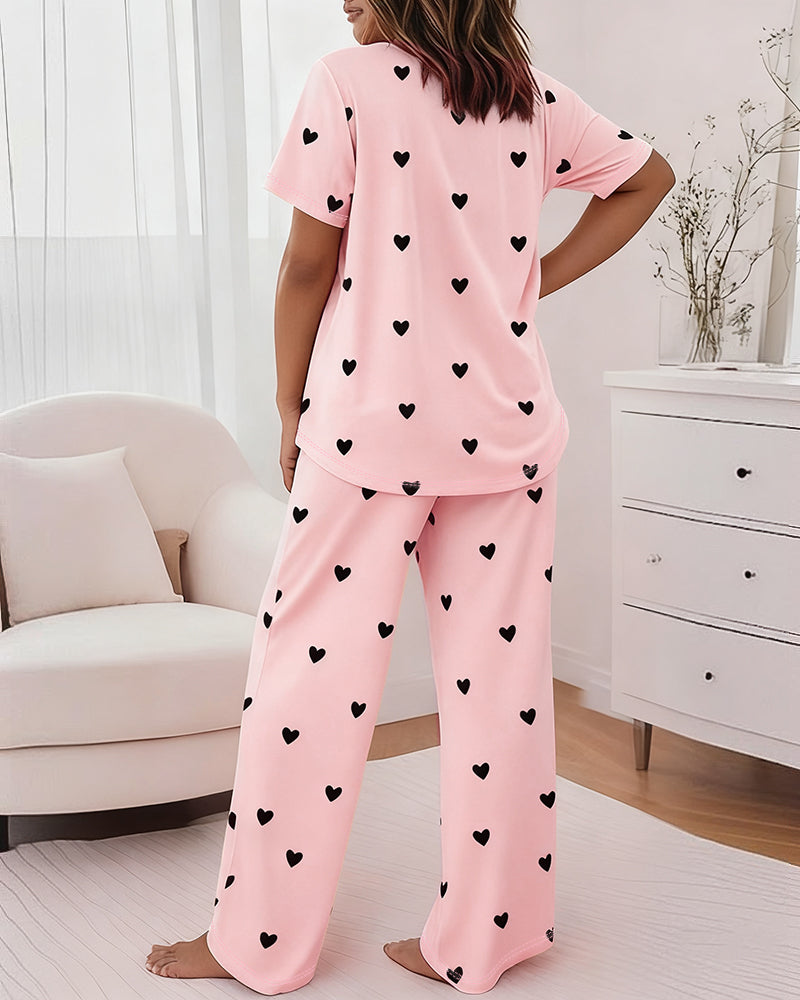 Light pink LA FINE FLEUR Valentine’s Day Heart Patterned Top and Pajama Pants Set.