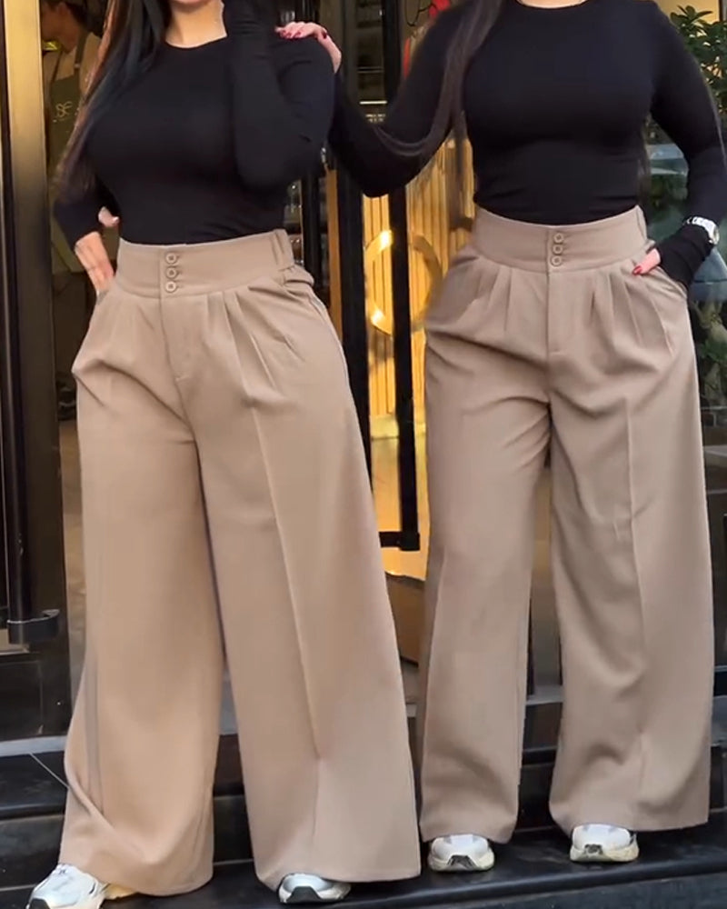 High-Waist Wide-Leg Pants with Buttons and Pockets