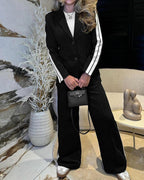 LA FINE FLEUR 2-Piece Notched Collar Blazer and Wide-Leg Pants set with white shirt.