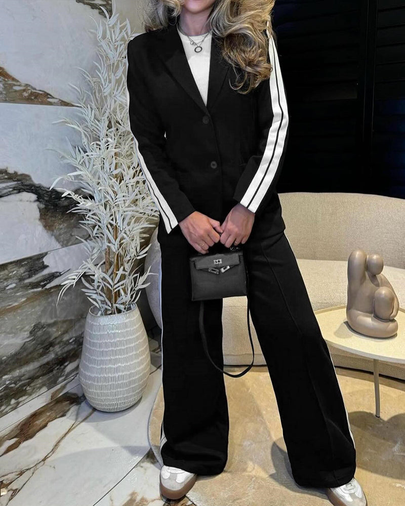 LA FINE FLEUR 2-Piece Notched Collar Blazer and Wide-Leg Pants set with white shirt.