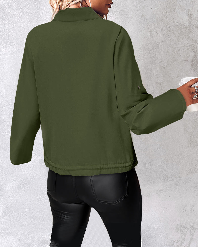 Olive green LA FINE FLEUR roll tab sleeve zip jacket with drawstring hem and black leather pants.