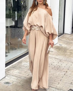LA FINE FLEUR Skew Neck Lantern Sleeve Blouse paired with Wide Leg Pants set.