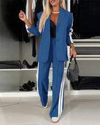 LA FINE FLEUR 2-piece notched collar blazer and wide-leg pants styled with a black top.