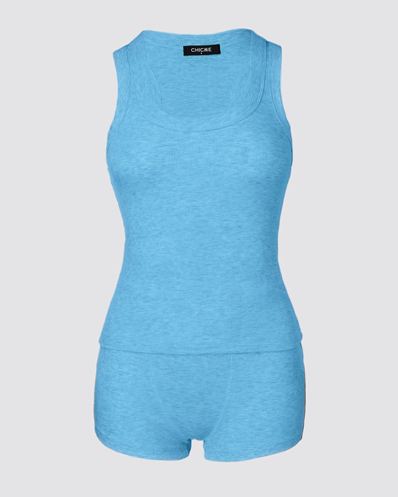 A sleeveless blue micro-ribbed U-neck tank top with matching boxer-style lounge shorts.