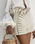Ruched High-Waist Shorts with Flouncy Ruffle Hem