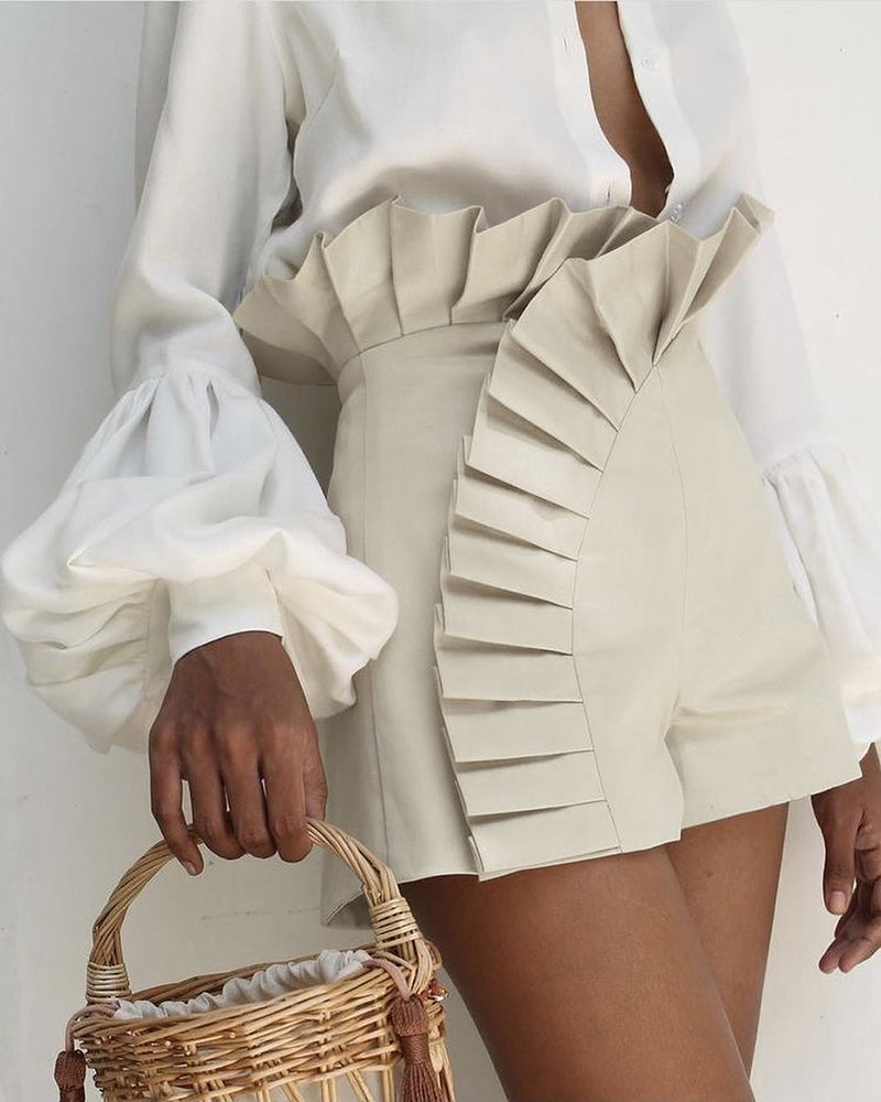 Ruched High-Waist Shorts with Flouncy Ruffle Hem
