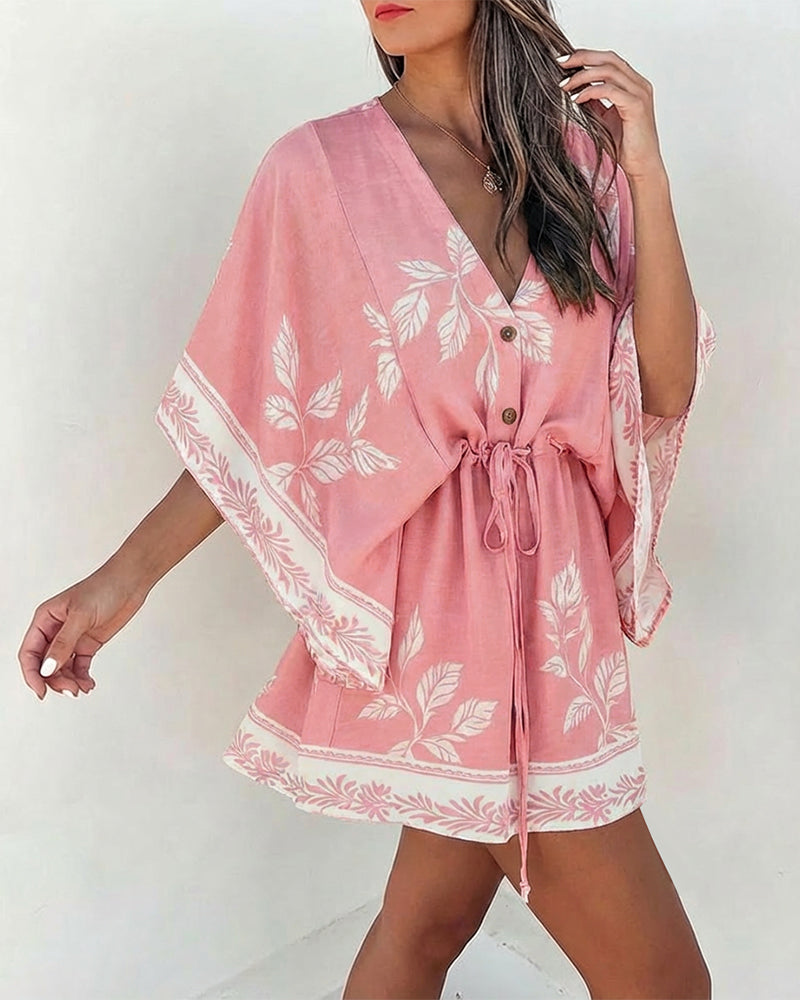 LA FINE FLEUR Floral V-Neck Mini Dress with bell sleeves, drawstring waist, pink floral print.