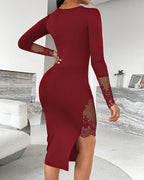 Square Neck Eyelash Lace Slit Dress with Asymmetric Hem