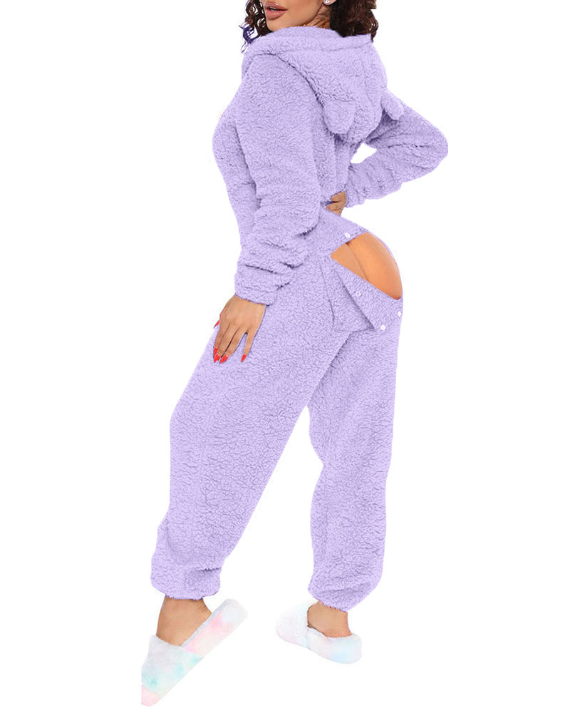 A light purple, plush jumpsuit with 3D ear hood and open buttoned back flap.