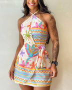 Tropical print halter backless tie-back romper with wrap skorts, LA FINE FLEUR .