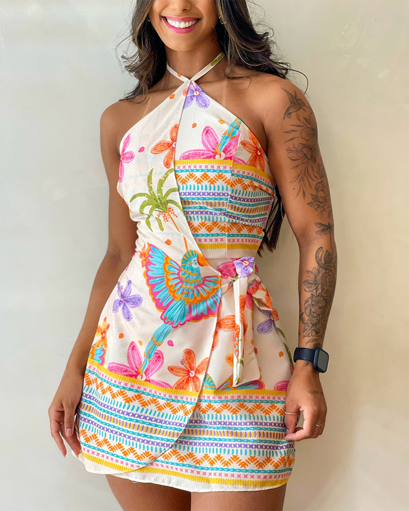 Tropical print halter backless tie-back romper with wrap skorts, LA FINE FLEUR .
