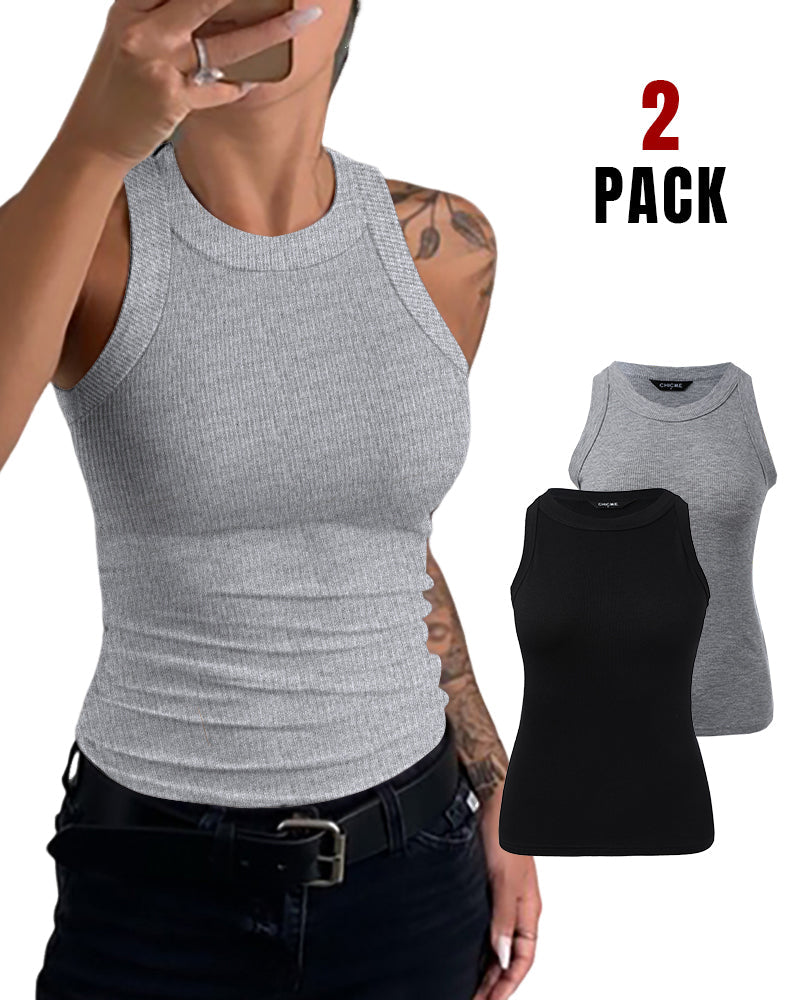 2-Pack Ribbed Racerback Tank Tops, Round Neck, No Bra Pads