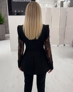 V-Neck Puff Sleeve A-Line Blazer with Eyelash Lace Trim