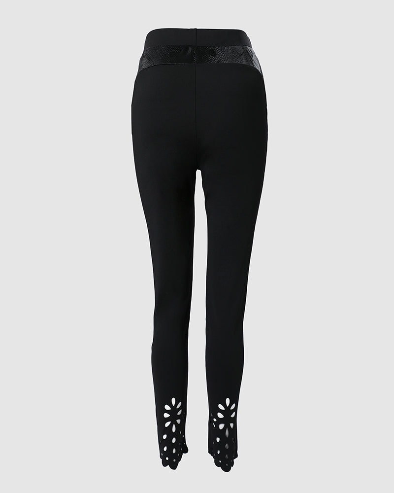 Floral Cut-Out Asymmetrical Skinny Pants with Elastic Waist