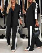 LA FINE FLEUR 2-piece notched collar blazer and wide-leg pants, black top.