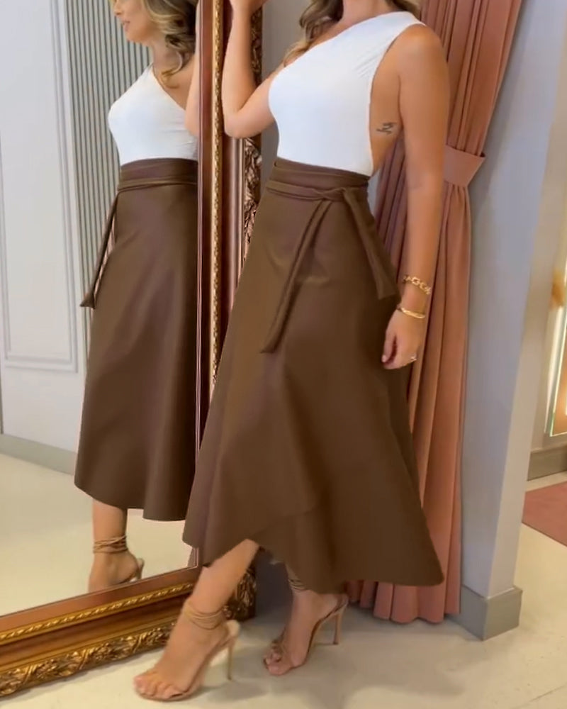 PU Leather Lace-Up Mid-Length Casual Skirt