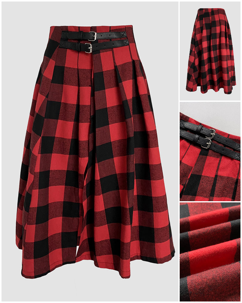 Plaid High-Waist A-Line Skirt with Side Slit