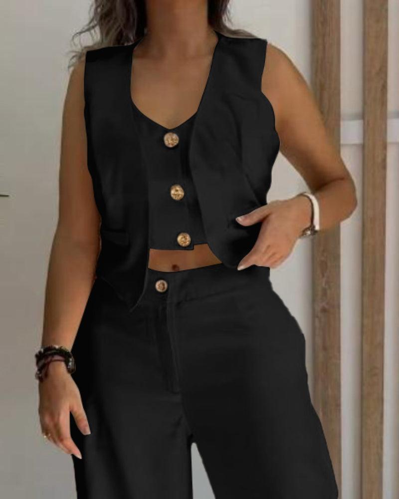 Black V-neck vest crop top and wide-leg pants set from LA FINE FLEUR.