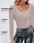ContourX V-Neck Seamless Shapewear Tank: High-Stretch Slim-Fit Long Sleeve Tops