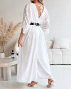 Deep V-Neck Jumpsuit with Ruched Sleeves and Waist Ties