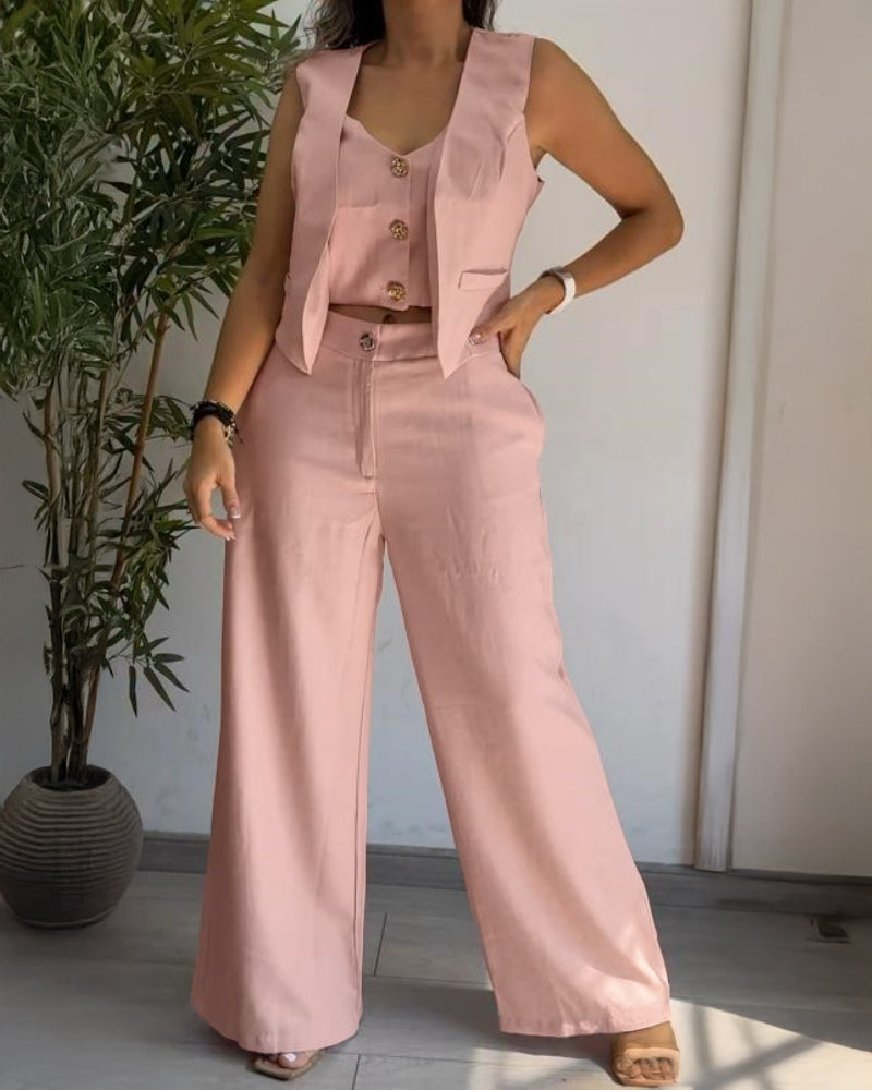 The LA FINE FLEUR 2-Piece Outfit with a V-neck vest crop top and wide-leg pants.