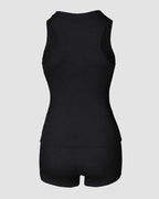 Black micro-ribbed sleeveless tank top and matching boxer shorts lounge set, no logos.