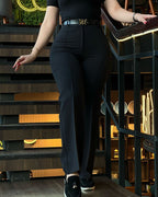 High Waist Straight Leg Trousers with Elastic Back