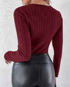 Fleece-Lined U-Neck Long Sleeve Ribbed Thermal Tee, No Padding