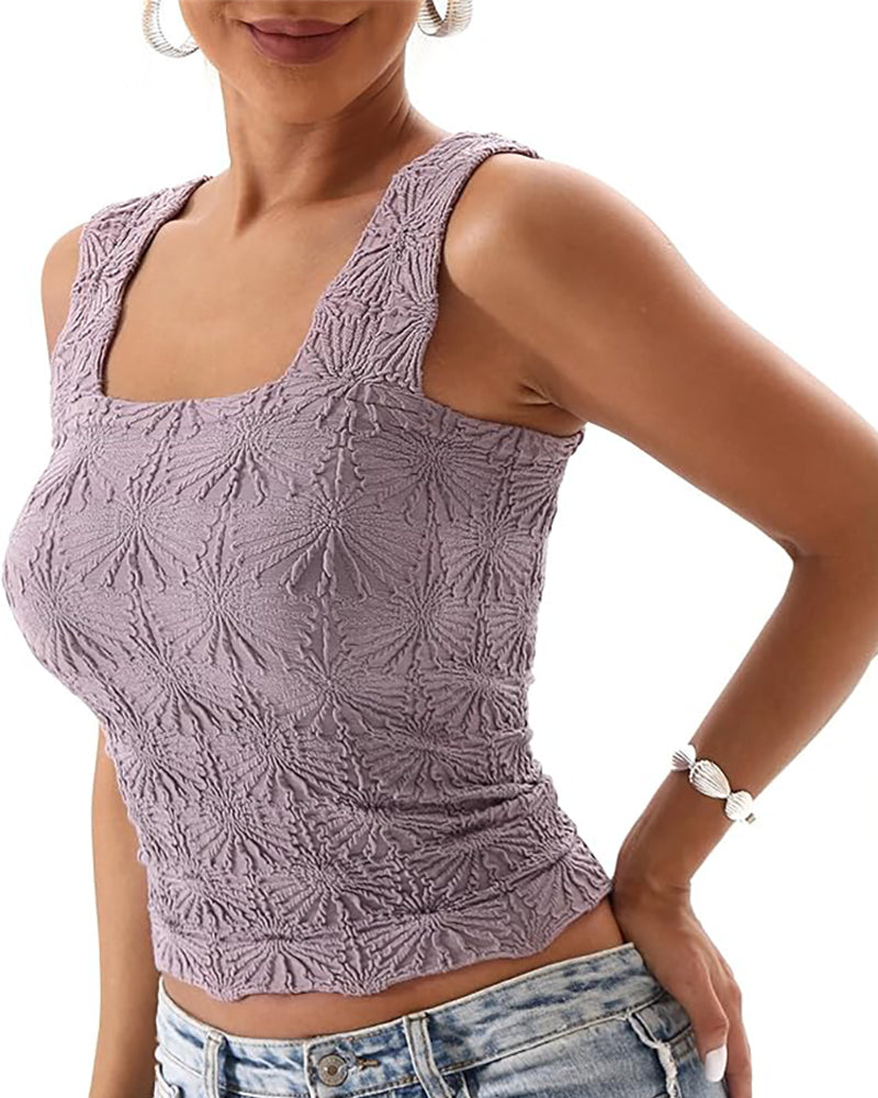 Floral Jacquard Square Neck Crop Top with Thick Straps