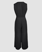 V-neck vest crop top and wide-leg pants with fitted waist for a modern style.
