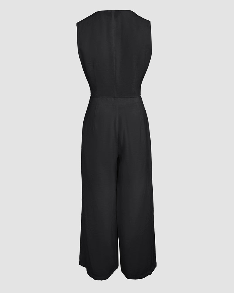 V-neck vest crop top and wide-leg pants with fitted waist for a modern style.