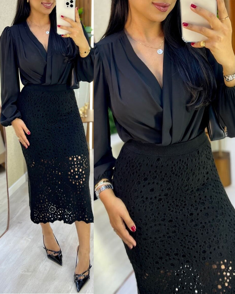 Crochet Elastic Skirt, Mid-Calf Hollow-Out Design, Casual Wear