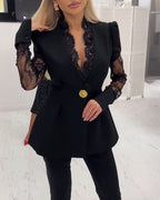 V-Neck Puff Sleeve A-Line Blazer with Eyelash Lace Trim