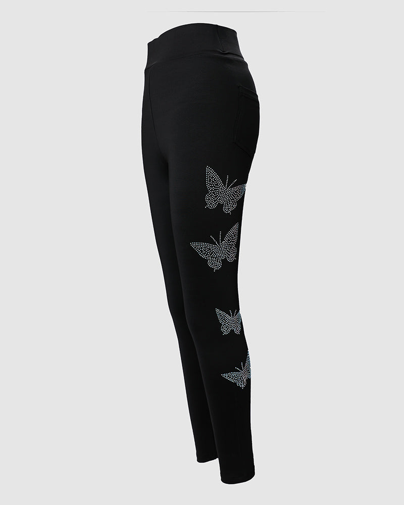 Embellished Butterfly Rhinestone Accent Skinny Jeans