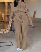 LA FINE FLEUR 2-piece taupe set with long sleeve hoodie and wide-leg pants, thumbholes.