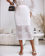Crochet Elastic Skirt, Mid-Calf Hollow-Out Design, Casual Wear