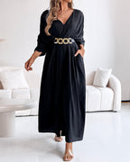 Deep V-Neck Jumpsuit with Ruched Sleeves and Waist Ties