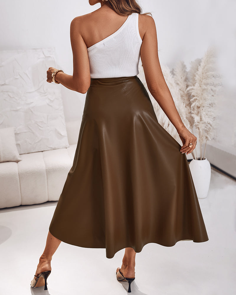 PU Leather Lace-Up Mid-Length Casual Skirt