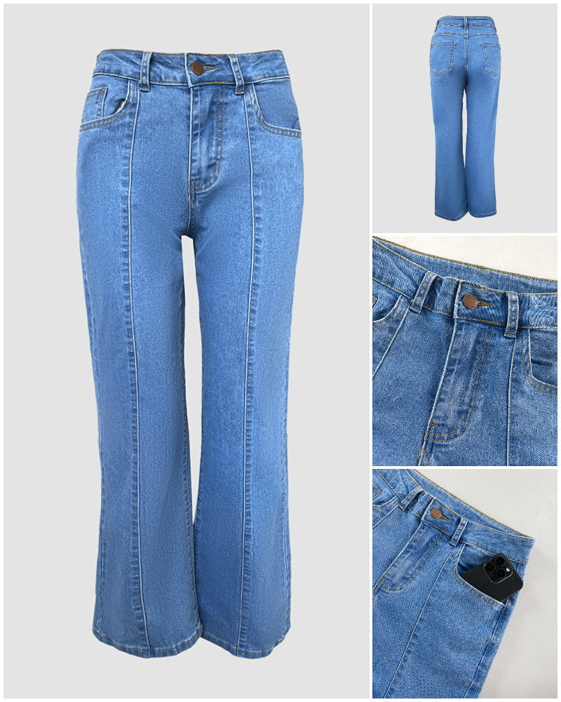 Seam Front Zip-Fly High Waist Straight Denim Jeans