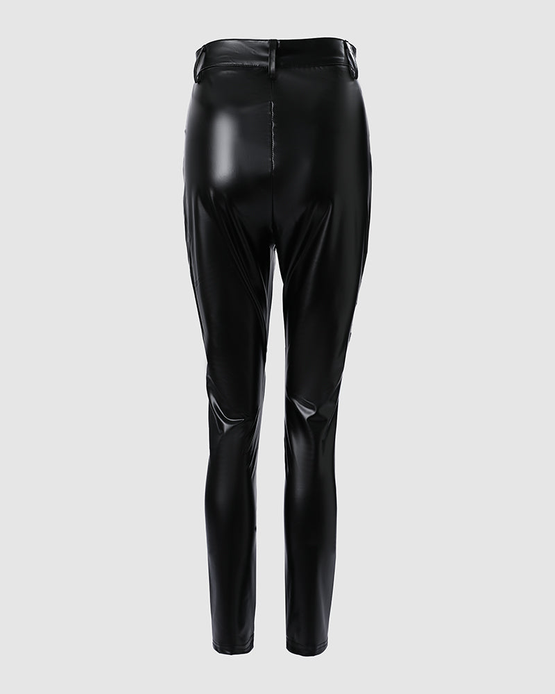 Contrast Lace Trim Faux Leather Slim Trousers