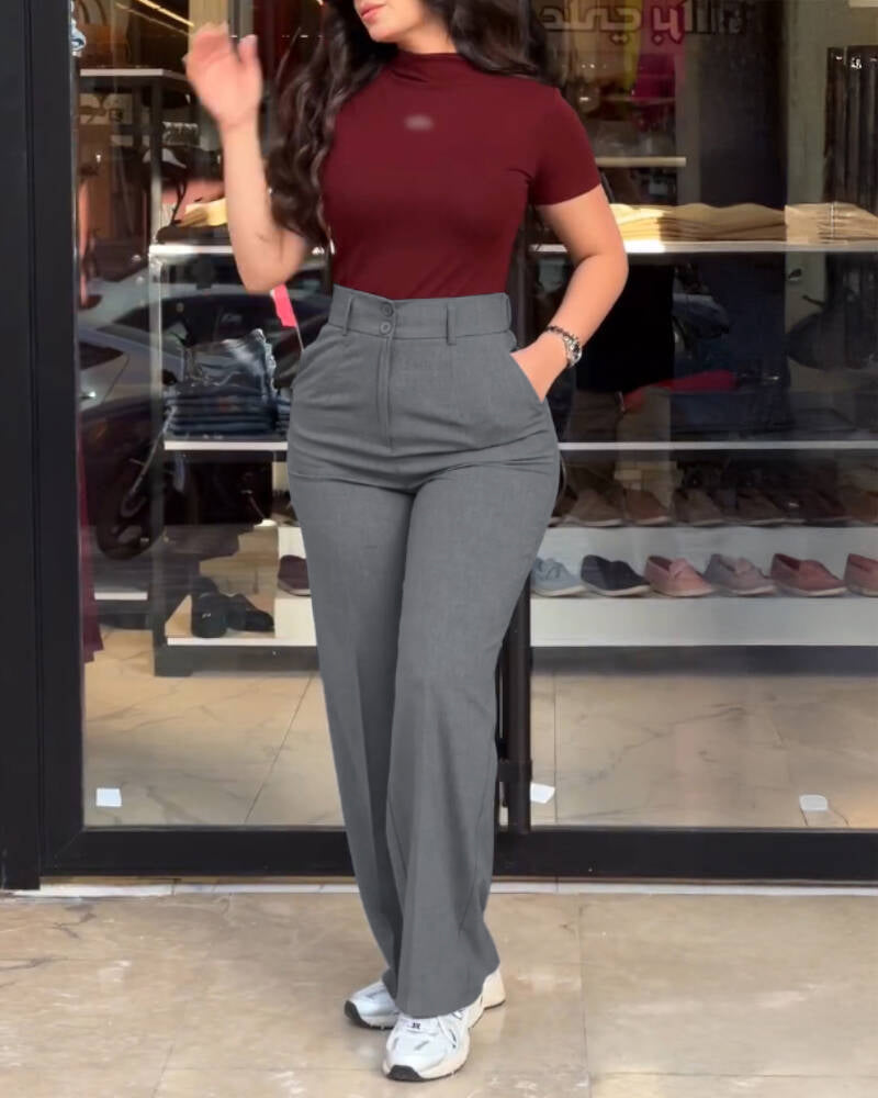 High Waist Casual Wide Leg Trousers with Zipper
