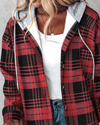 LA FINE FLEUR Plaid Button-Up Hoodie with Asymmetrical Hem, gray hood, and thermal lining.