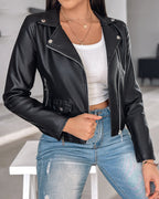LA FINE FLEUR  PU leather zipper biker jacket with notched collar, white ribbed tank top, distressed blue jeans.