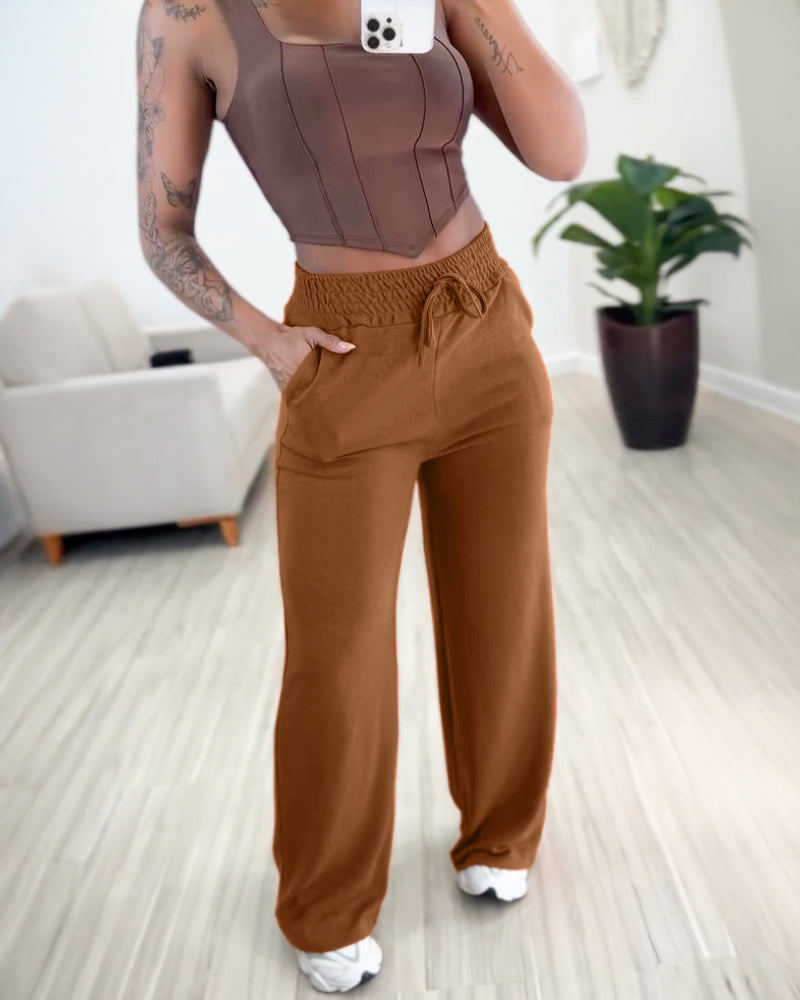 High Waist Casual Pants with Elastic Drawstring