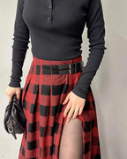 Plaid High-Waist A-Line Skirt with Side Slit