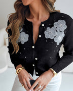 Single-Breasted Knit Cardigan with Floral Applique and Pearl Adornments