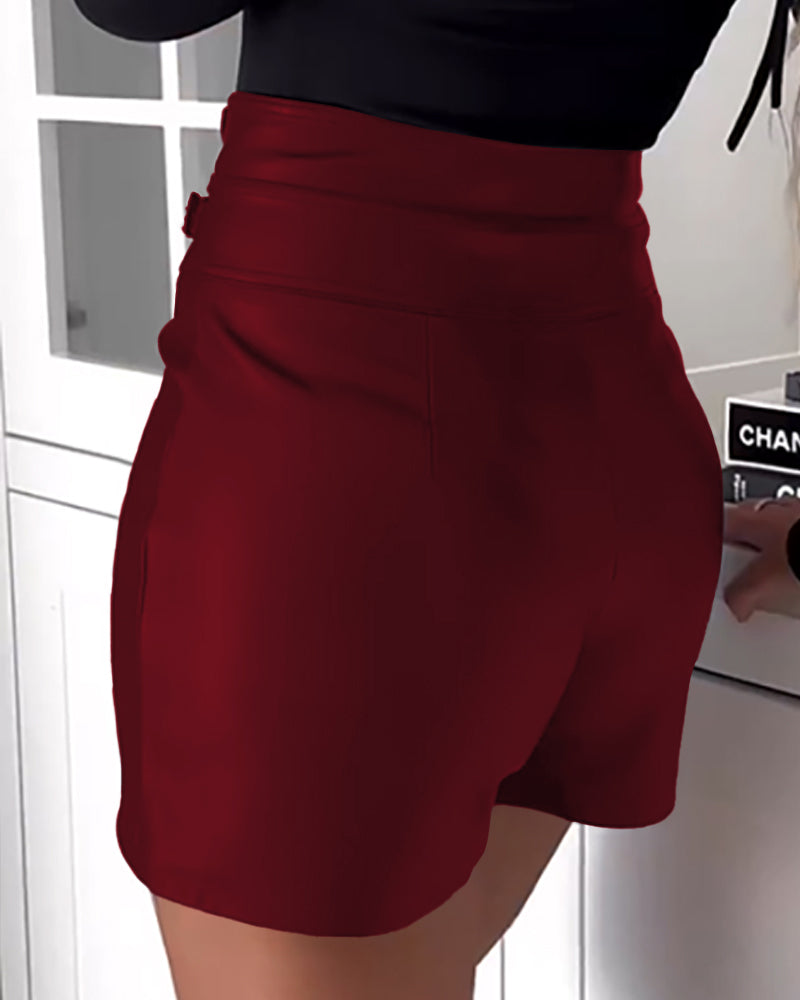 High Waist Faux Leather Skorts with Buckle Detail