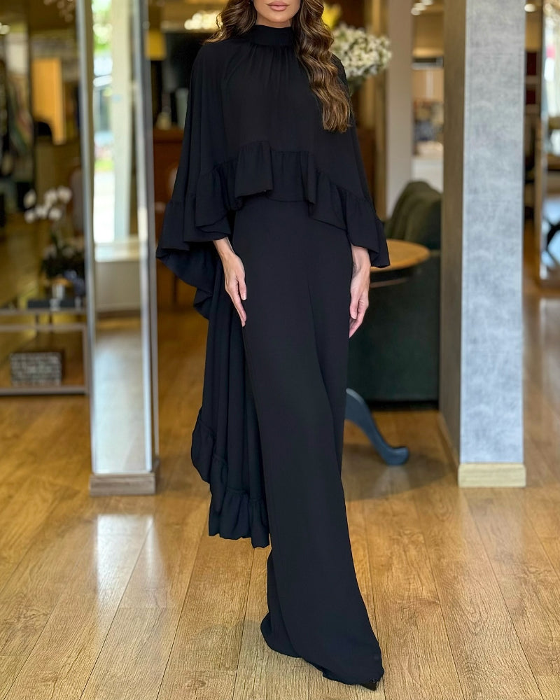 A two-piece set with high-neck ruffled cape and wide-leg pants in matching fabric.