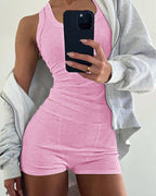 Light pink micro-ribbed U-neck tank and boxer lounge set with a light gray zip-up hoodie.