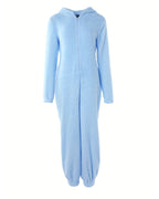 Light blue hooded fleece onesie with button front, 3D ear hood, and elastic cuffs.